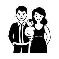A black and white illustration of a family with a baby vector