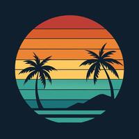 Retro style palm trees and sunset on a black background vector