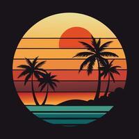 Retro style palm trees and sunset on the beach vector