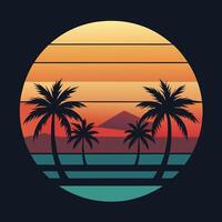 Retro style palm trees and sunset on a black background vector