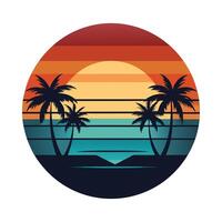 Retro style palm trees and sunset on the beach illustration vector