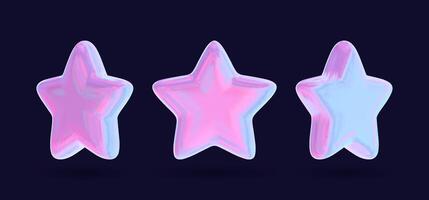 3D holographic stars in pink chrome with geometric shapes, designed for futuristic and tech aesthetics. Metallic renderings of cosmic and celestial symbols. vector