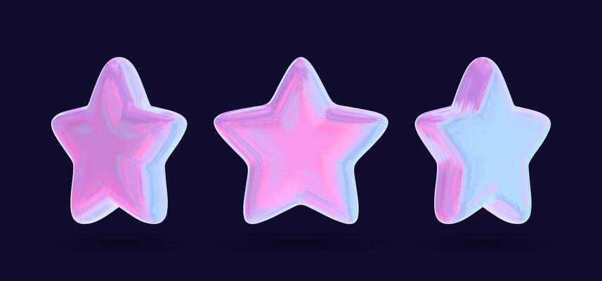 3D holographic stars in pink chrome with geometric shapes, designed for futuristic and tech aesthetics. Metallic renderings of cosmic and celestial symbols.