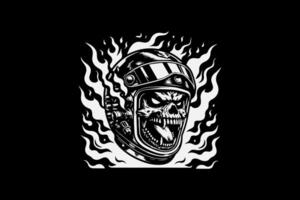 A skull with a helmet on fire is shown in this illustration vector