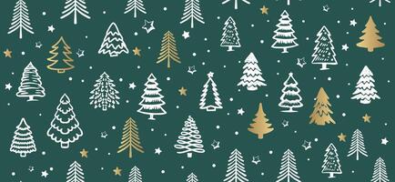 Christmas tree pattern on green background, Hand drawn illustrations. vector