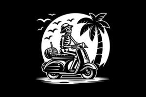 A skeleton riding a scooter with palm trees in the background vector