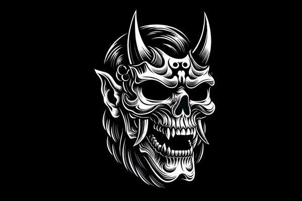 A skull with horns on a black background