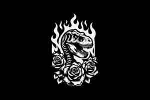 A t - rex with flames and roses on a black background vector