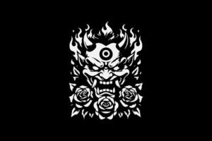 A demon face with flames and roses on a black background vector