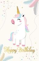 Happy birthday card with cute unicorn, golden lettering. Gentle unicorn Birthday template, greeting card, invitation vector
