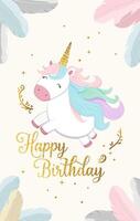 Happy birthday card with cute unicorn and golden lettering. Gentle unicorn Birthday template, greeting card, invitation vector
