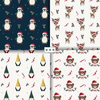 Set of winter seamless patterns with cute christmas characters. Xmas patterns, backgrounds. New year decorations. vector