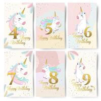 Set of Happy birthday cards with cute unicorn and golden numbers from 4 to 9. Gentle unicorn Birthday greeting card, invitation vector