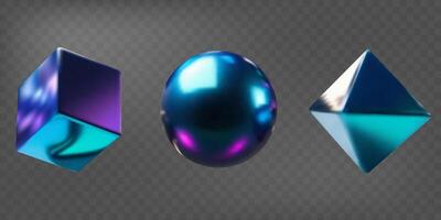 3d metal shapes set with holographic effect. Gradient geometric shapes. Fluid color. Ball, cube, pyramid vector
