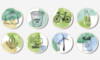 Set of ecology stickers with slogans and watercolor background. Save planet. Care for nature vector