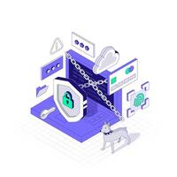 Concept of Cybersecurity. The Laptop is Protected in Chains. A large Shield and a Guard Dog in an isometric projection. illustration vector
