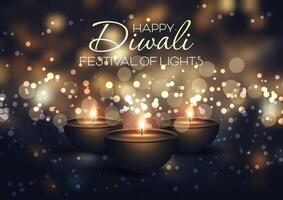 Diwali lamp background with decorative bokeh lights design vector