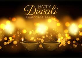 Happy Diwali background with lamps on bokeh lights design vector