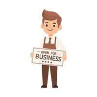 Smiling Shop Owner Holding Open for Business Sign vector
