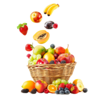 A colorful assortment of fresh fruits cascading from a woven basket on a clean, transparent background during daylight hours png