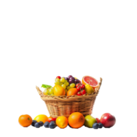 Fresh fruit basket overflowing with assorted berries and citrus fruits against a clean white backdrop png