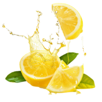 Fresh lemon slices splashing in water surrounded by green leaves on a bright background capturing refreshing summer vibes png