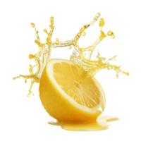 Splashing lemon segment creates vibrant zestful droplets against a transparent background, capturing freshness in a dynamic moment png