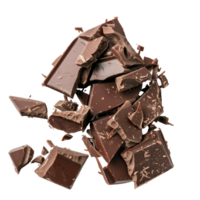 Chunks of dark chocolate scattered on a white surface showcasing rich texture and irregular shapes png