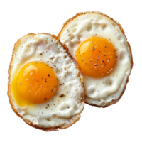 Fried eggs served on a white plate, golden yolks with crisp edges, ideal for breakfast or brunch any time of the day png