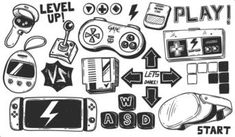 Game hand drawn scribble doodle set. console, joystick, controller element. Game retro, arcade play illustration vector