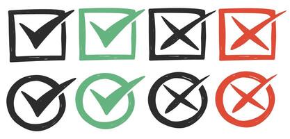 Hand drawn check mark icon button set. Scribble check box icon round and box yes or no checkmark. icons in green tick box and red cross illustration vector