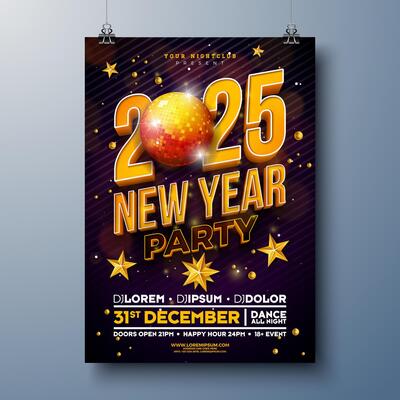 Happy New Year 2025 Party Celebration Poster Template Illustration with Shiny Disco Ball and 3d Typography Lettering on Black Background. New Year Eve Holiday Design. Premium Invitation Flyer