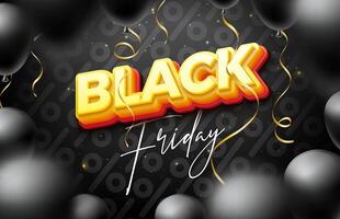 Black Friday Sale Illustration with 3d Lettering and Party Balloon on Percent Pattern Dark Background. New Year and Christmas Design Template for Greeting Card, Flyer, Banner, Celebration vector