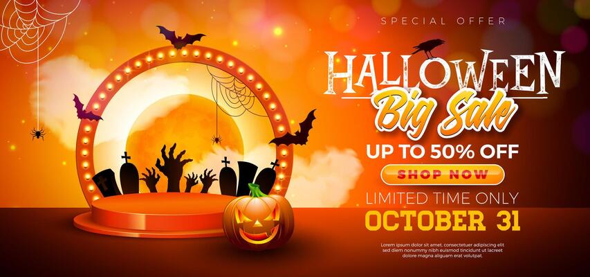 Halloween Sale Banner Illustration with Pumpkin, Podium and Glowing Light Bulb Billboard on Orange Background. Holiday Design Template with Typography Lettering for Offer, Coupon, Celebration