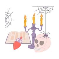 Halloween flat composition of hand drawn related elements. Skull, spider and spider web, poison, candles. Spooky design for Halloween isolated on white background. vector