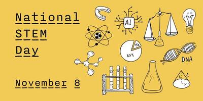 National STEM day banner with education elements in minimalistic doodle style vector