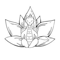 Monochrome Dragon sitting in lotus pose against the background of abstract waterlily flower. Animal practicing fitness exercises isolated illustration painted by black inks. vector