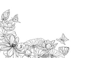 Blooming monochrome water lily and flying butterflies horizontal frame. Flowers bouquet hand drawn illustration by black inks. Floral composition with empty space for text for greetings vector