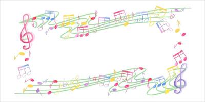 Musical elements. Notes and treble clefs on swirly music staff. Horizontal frame with empty space for text. International Music Day. Watercolor illustration for greeting, invitation, label vector