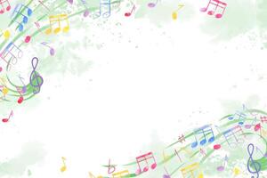 Musical multicolored notes on paint splatters. Flying music staff. Horizontal frame in green colors. International Music Day. Copy space for text. Watercolor illustration. For greeting, invitation vector