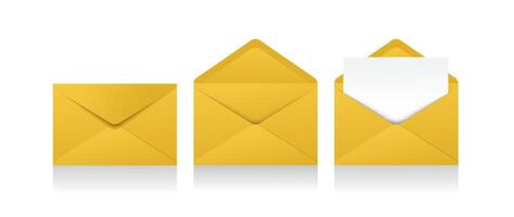 Set of realistic yellow envelopes in different positions. Folded and unfolded envelope backpack isolated vector