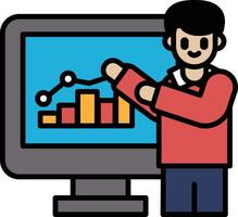 A man is standing in front of a computer monitor with a graph on it vector