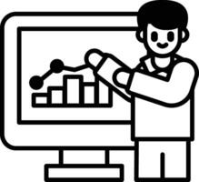 A man is standing in front of a computer monitor with a graph on it vector