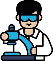 A man in a lab coat is wearing blue goggles and holding a microscope vector