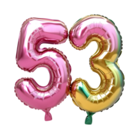 A shiny foil balloon shaped as the number 53 isolated on transparent background png