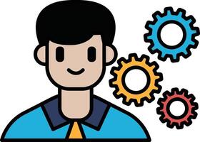 A man is smiling and wearing a tie. He is surrounded by three gears vector