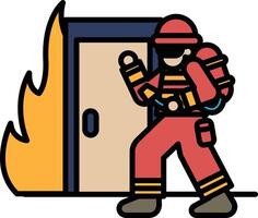A firefighter is standing in front of a burning door vector