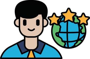 A man is smiling and standing in front of a globe with three stars vector