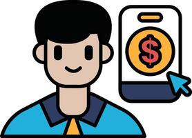 A man is smiling and holding a cell phone with a dollar sign on it vector