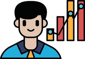 A man with a smile on his face is shown with a graph that is rising vector